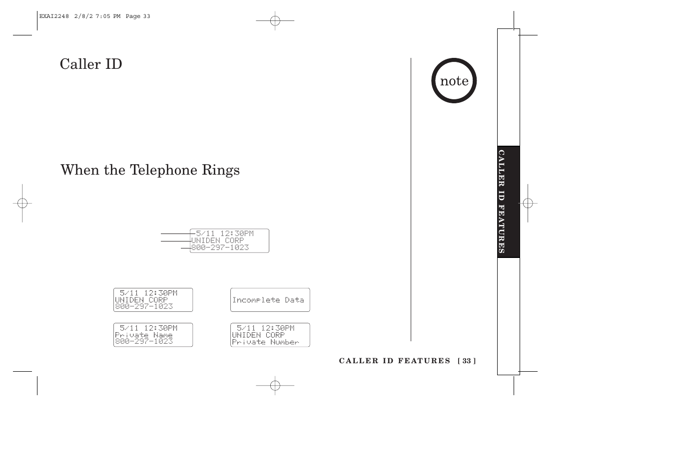 Caller id, When the telephone rings | Uniden EXAI2248 series User Manual | Page 35 / 68