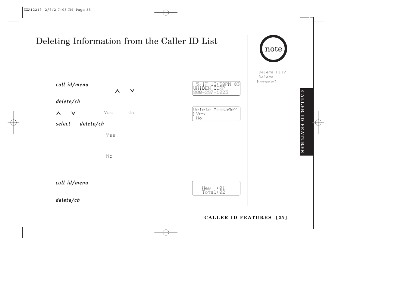 Deleting information from the caller id list | Uniden EXAI2248 series User Manual | Page 37 / 68