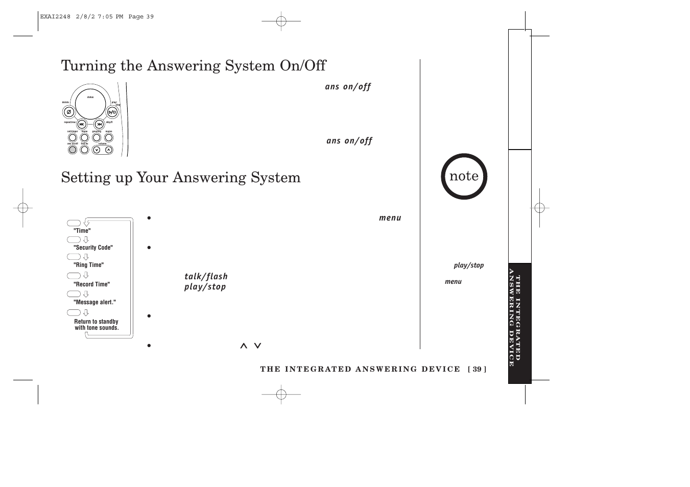 Turning the answering system on/off, Setting up your answering system, Using the menu mode | Uniden EXAI2248 series User Manual | Page 41 / 68
