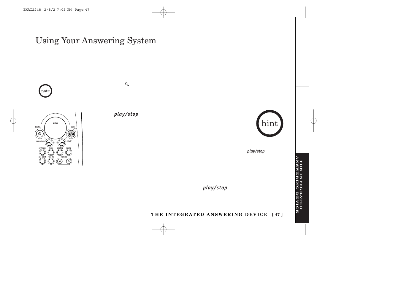 Using your answering system, Playing your messages | Uniden EXAI2248 series User Manual | Page 49 / 68