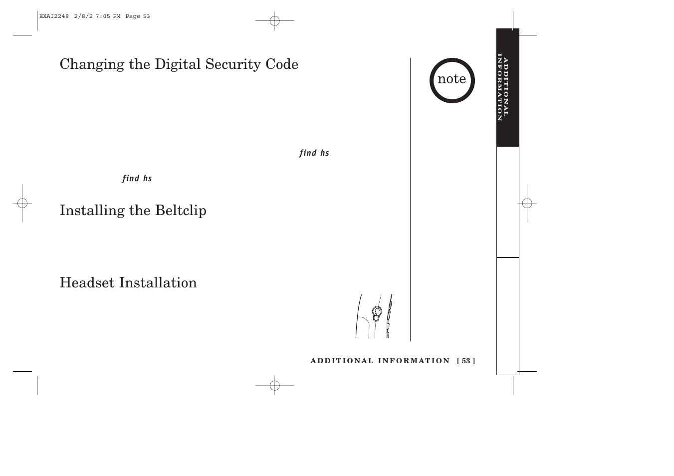 Changing the digital security code, Installing the beltclip, Headset installation | Uniden EXAI2248 series User Manual | Page 55 / 68