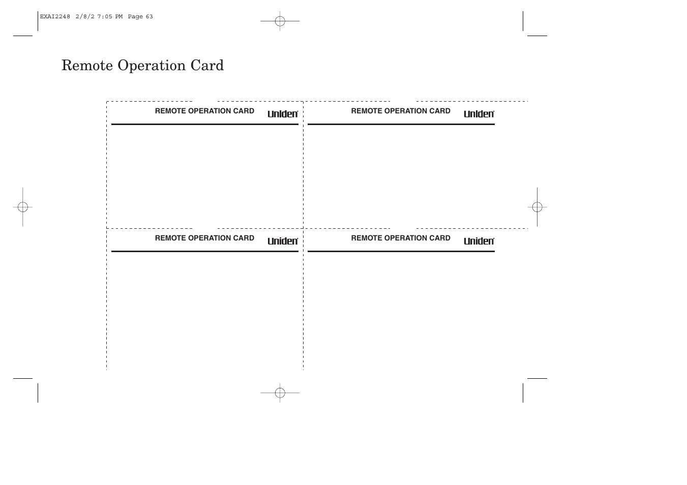 Remote operation card | Uniden EXAI2248 series User Manual | Page 65 / 68