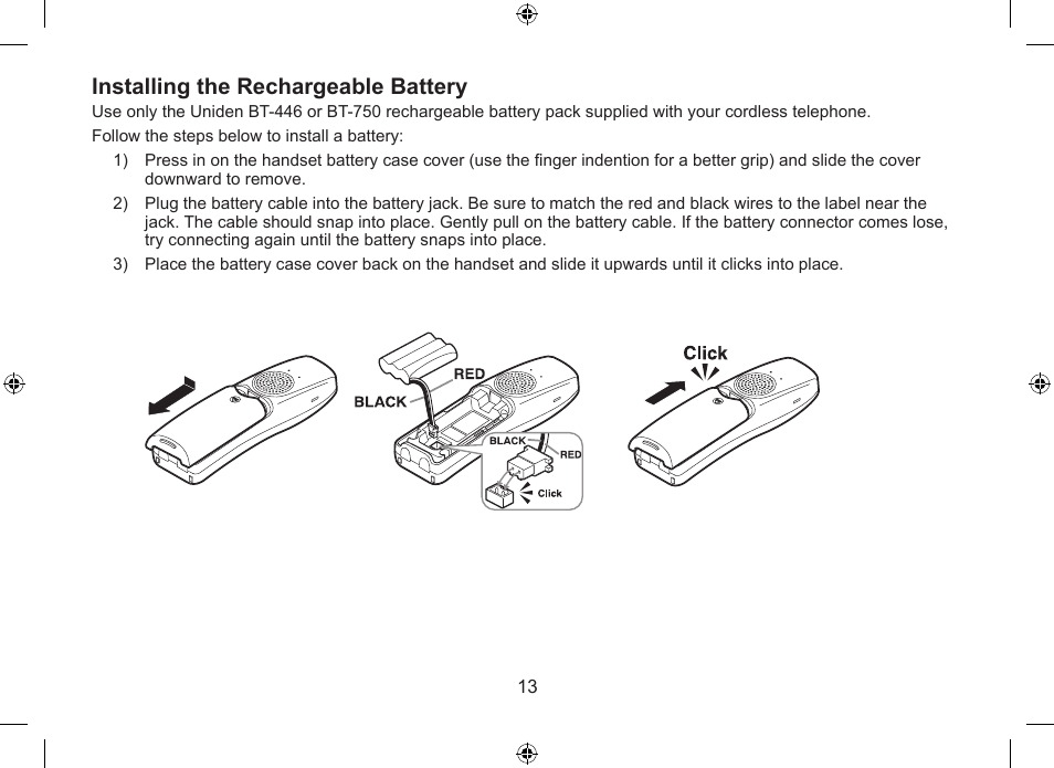 Installing the rechargeable battery | Uniden DSS7915+1 User Manual | Page 14 / 64