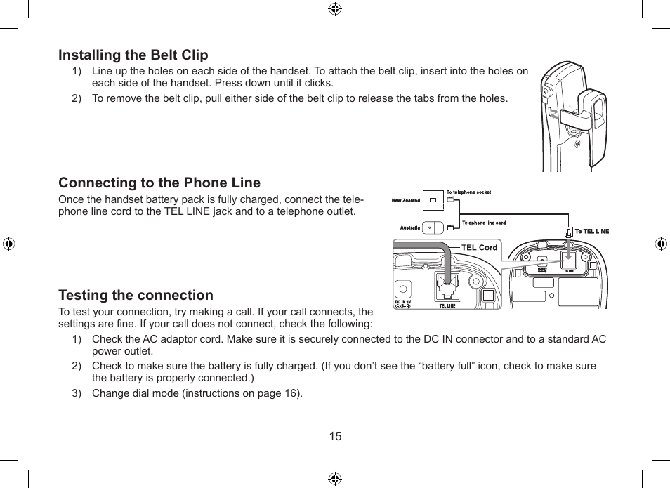 Installing the belt clip, Connecting to the phone line, Testing the connection | Uniden DSS7915+1 User Manual | Page 16 / 64