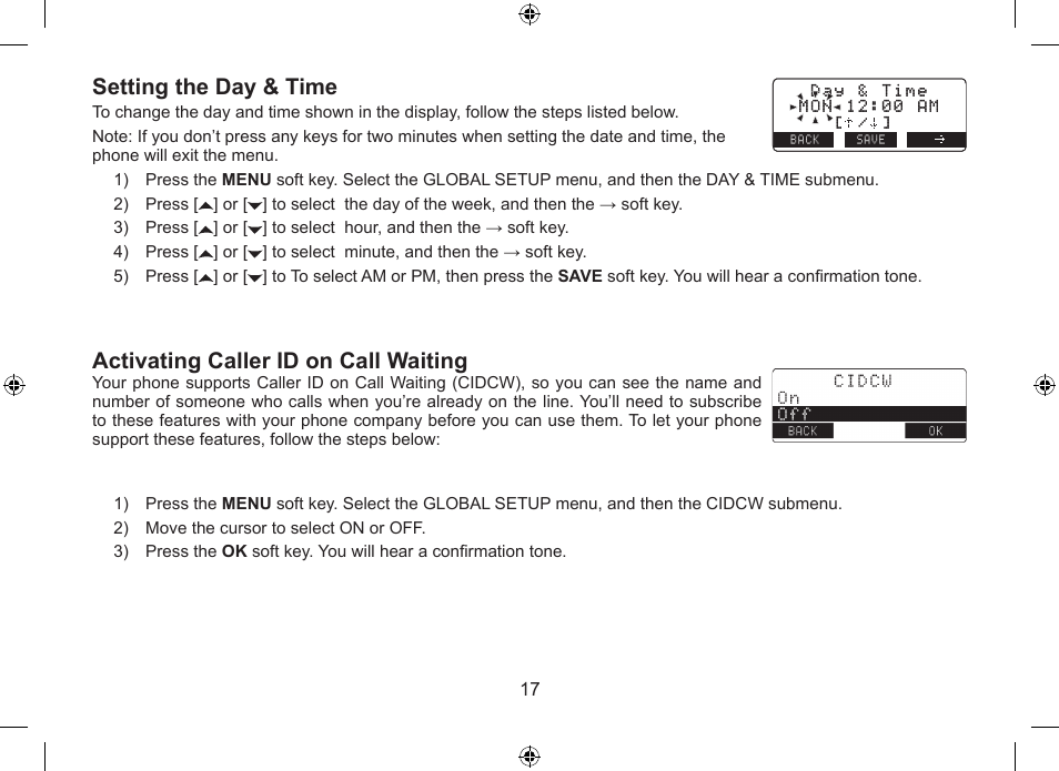 Setting the day & time, Activating caller id on call waiting | Uniden DSS7915+1 User Manual | Page 18 / 64