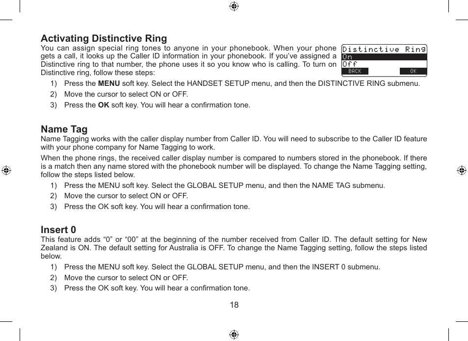 Activating distinctive ring, Name tag, Insert 0 | Uniden DSS7915+1 User Manual | Page 19 / 64