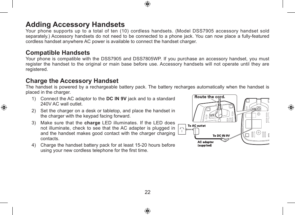 Adding accessory handsets, Compatible handsets, Charge the accessory handset | Uniden DSS7915+1 User Manual | Page 23 / 64