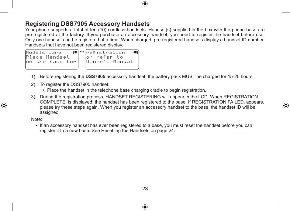 Registering dss7905 accessory handsets | Uniden DSS7915+1 User Manual | Page 24 / 64