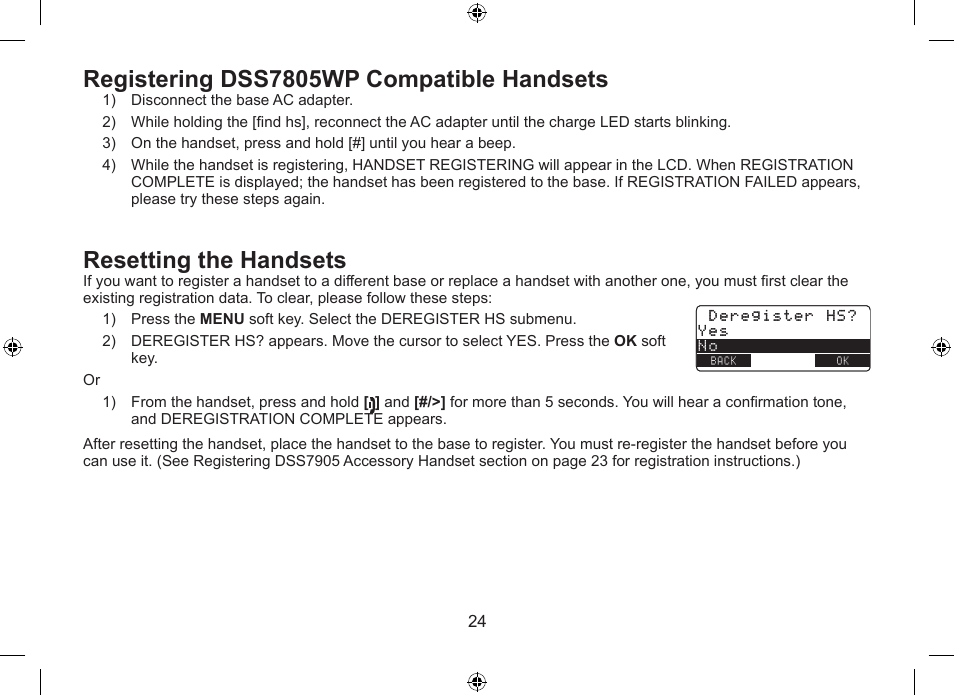 Registering dss7805wp compatible handsets, Resetting the handsets | Uniden DSS7915+1 User Manual | Page 25 / 64