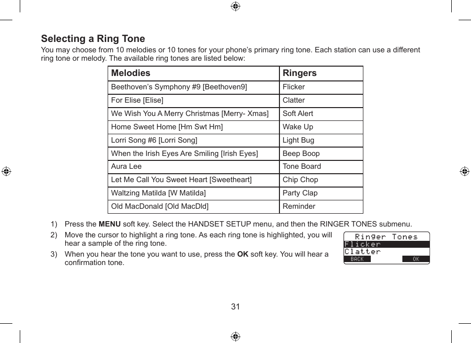 Selecting a ring tone, Melodies ringers | Uniden DSS7915+1 User Manual | Page 32 / 64