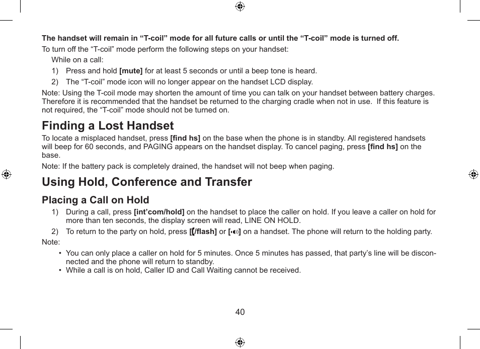 Finding a lost handset, Using hold, conference and transfer, Placing a call on hold | Uniden DSS7915+1 User Manual | Page 41 / 64