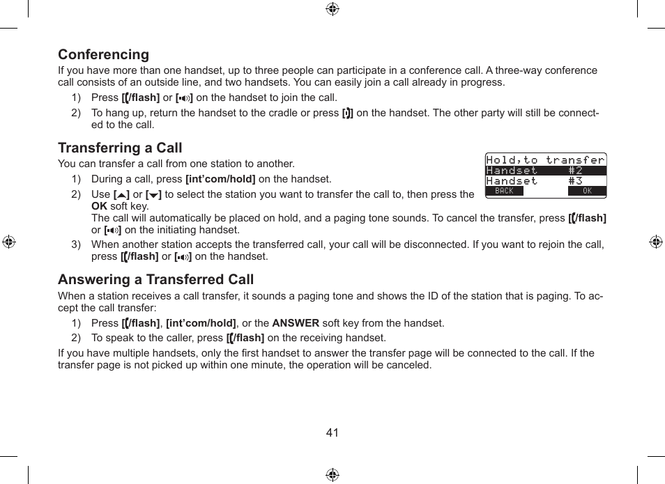 Conferencing, Transferring a call, Answering a transferred call | Uniden DSS7915+1 User Manual | Page 42 / 64