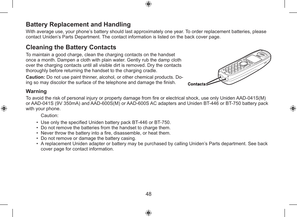 Battery replacement and handling, Cleaning the battery contacts | Uniden DSS7915+1 User Manual | Page 49 / 64