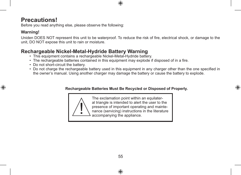 Precautions | Uniden DSS7915+1 User Manual | Page 56 / 64