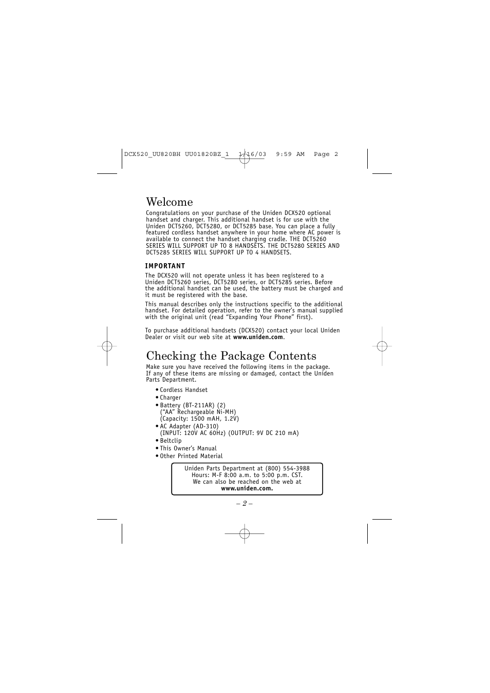 Checking the package contents, Welcome | Uniden DCX520 User Manual | Page 2 / 8