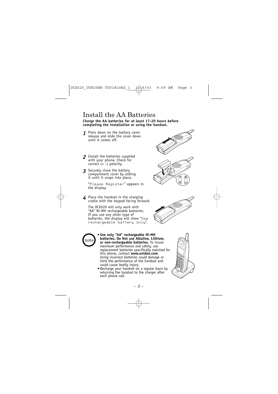 Install the aa batteries | Uniden DCX520 User Manual | Page 3 / 8