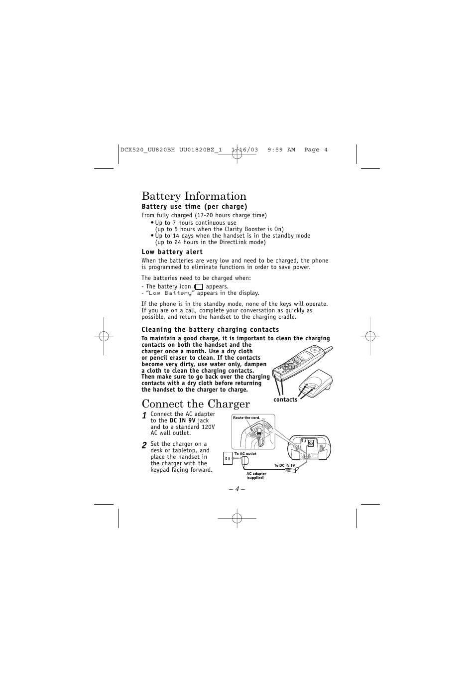 Connect the charger, Battery information | Uniden DCX520 User Manual | Page 4 / 8