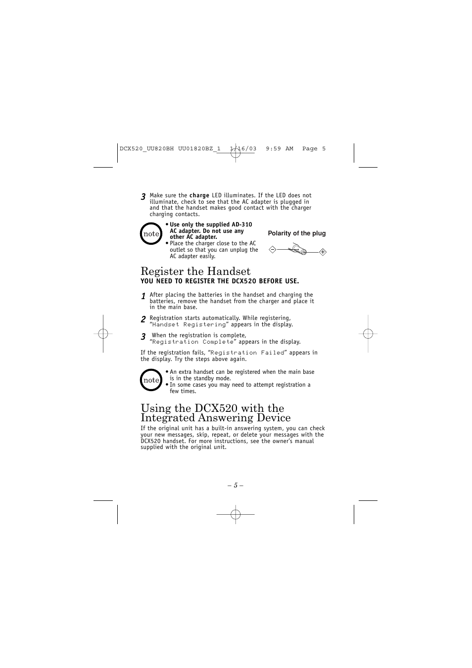 Register the handset | Uniden DCX520 User Manual | Page 5 / 8