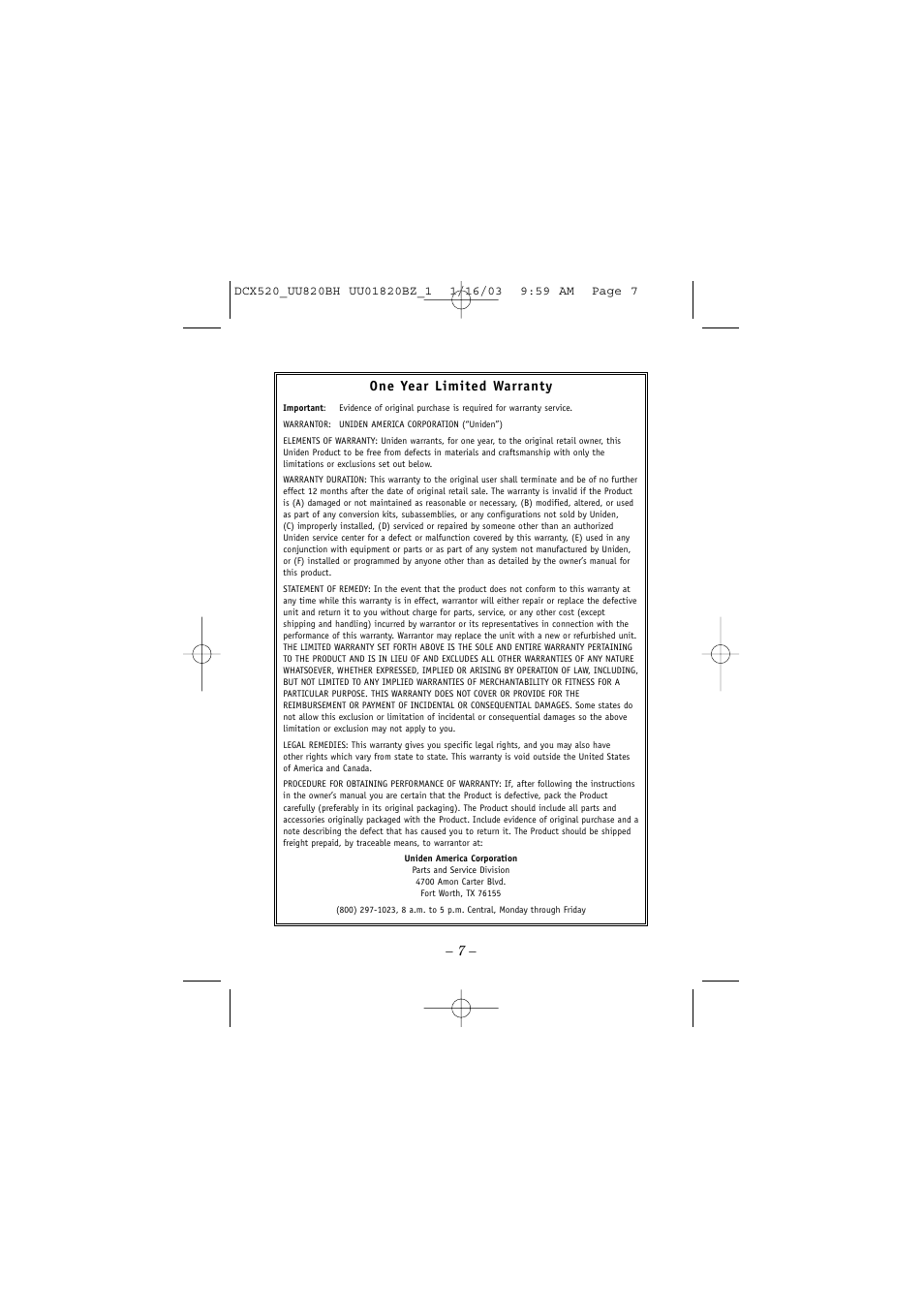 7 – one year limited warranty | Uniden DCX520 User Manual | Page 7 / 8