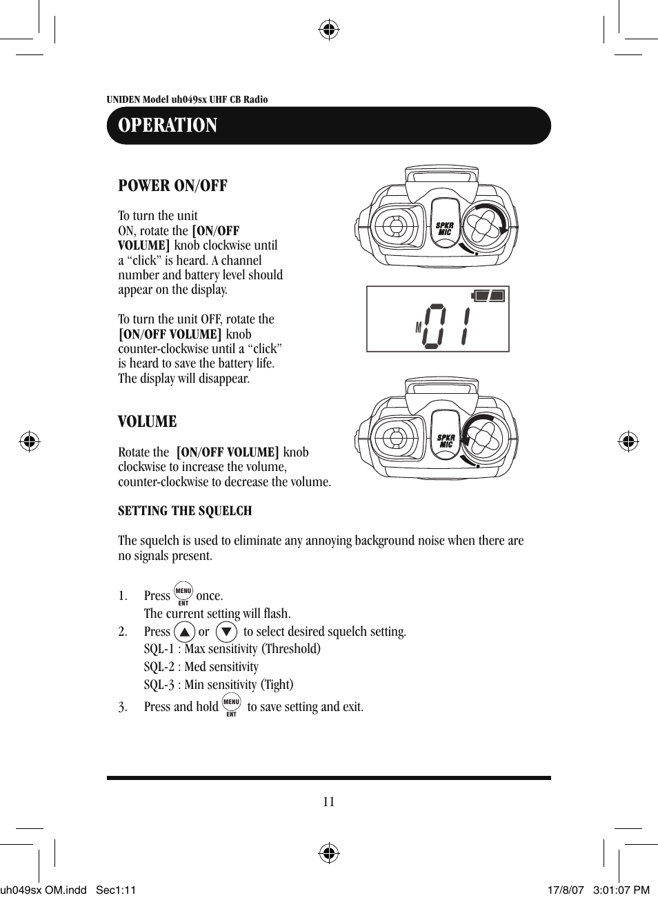 Operation, Power on/off, Volume | Uniden uh049sx-2 User Manual | Page 12 / 28
