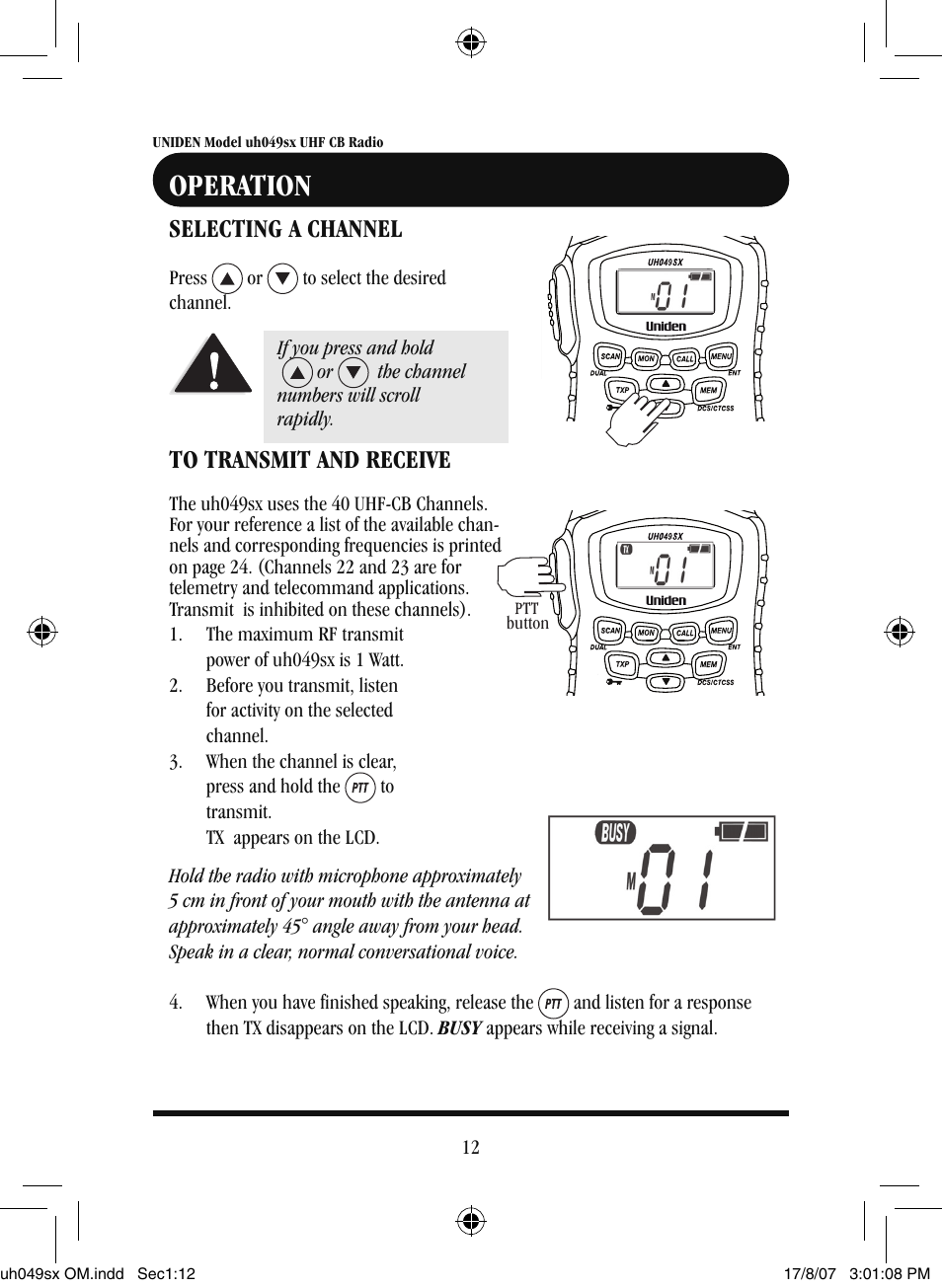 Operation, Selecting a channel | Uniden uh049sx-2 User Manual | Page 13 / 28