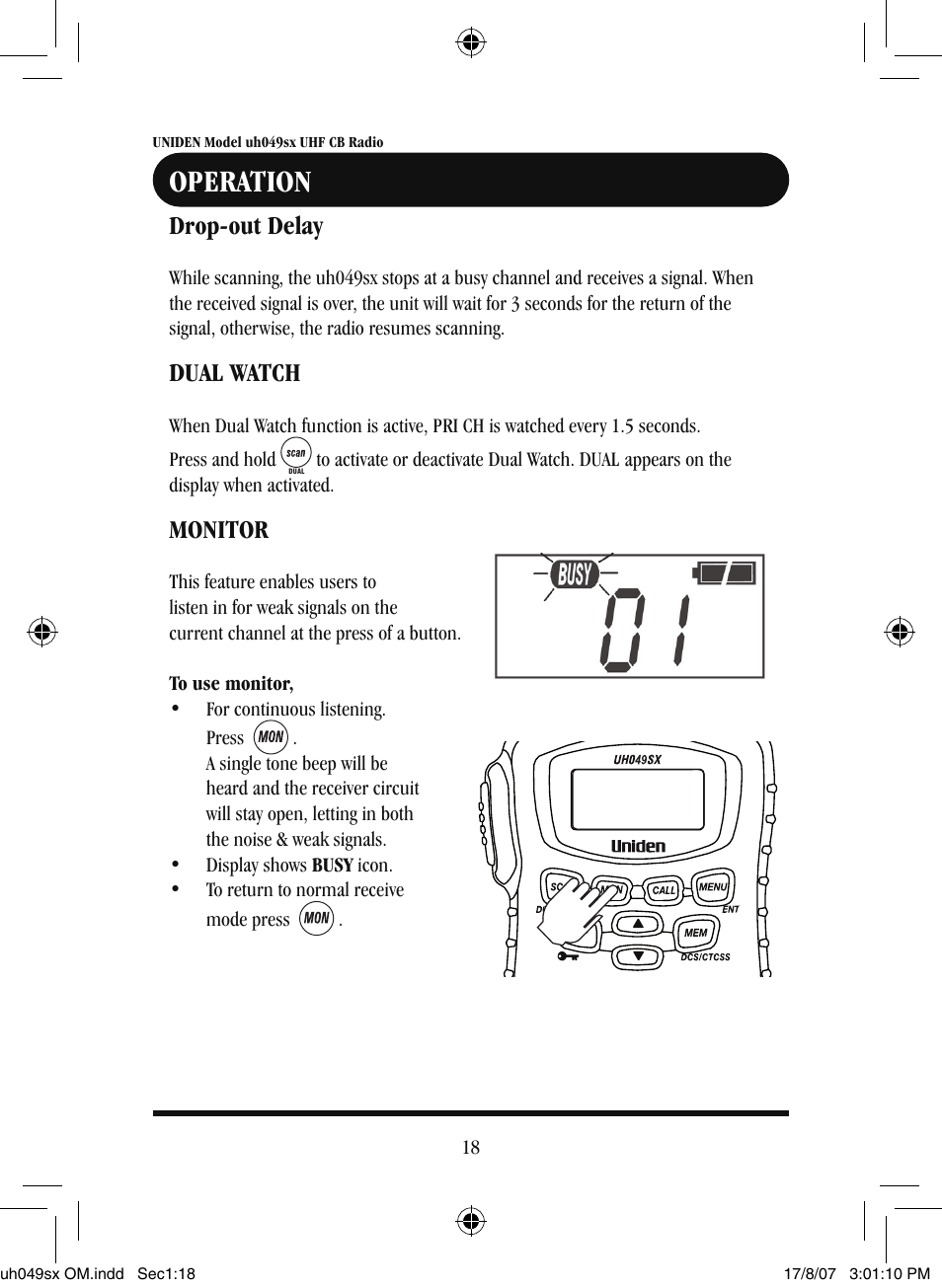 Operation, Drop-out delay, Dual watch | Monitor | Uniden uh049sx-2 User Manual | Page 19 / 28