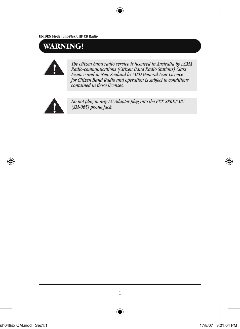 Warning | Uniden uh049sx-2 User Manual | Page 2 / 28