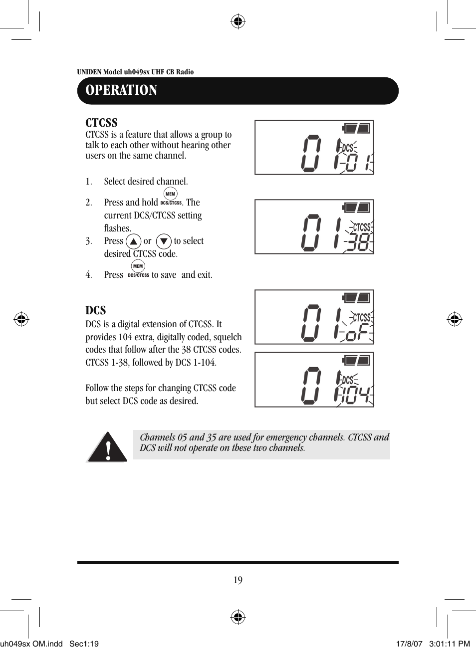 Operation, Ctcss | Uniden uh049sx-2 User Manual | Page 20 / 28