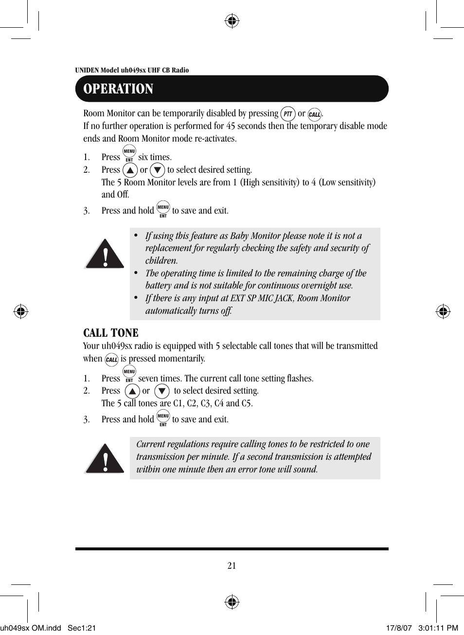 Operation, Call tone | Uniden uh049sx-2 User Manual | Page 22 / 28