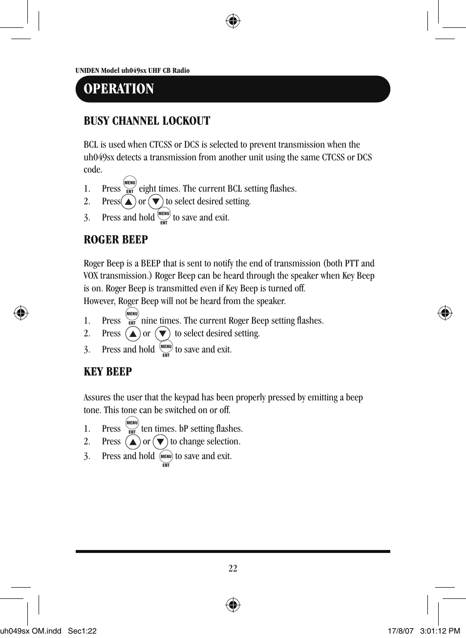 Operation, Busy channel lockout, Roger beep | Key beep | Uniden uh049sx-2 User Manual | Page 23 / 28