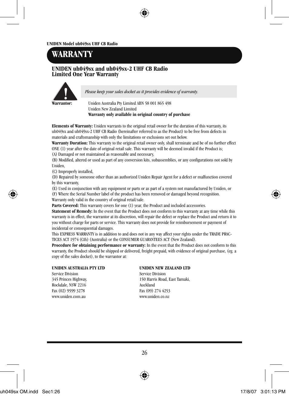 Warranty | Uniden uh049sx-2 User Manual | Page 27 / 28