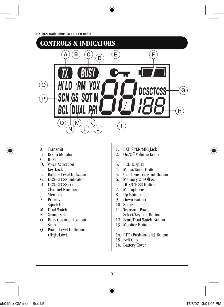 Controls & indicators | Uniden uh049sx-2 User Manual | Page 6 / 28