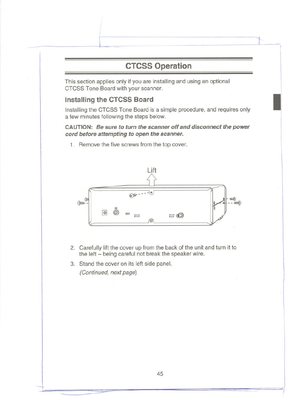 Ctcss operation, Installing the ctcss board, Lift | Uniden UBC9000XLT User Manual | Page 11 / 58