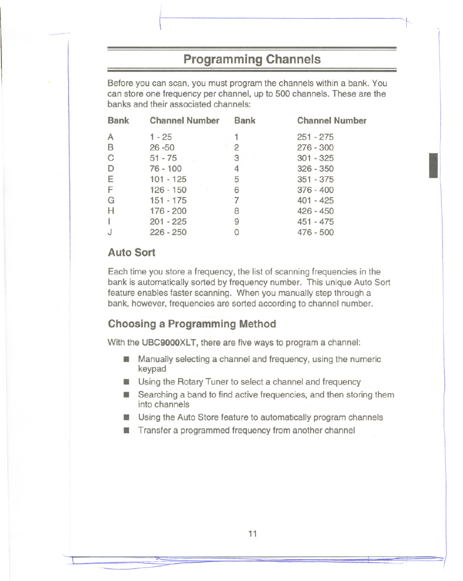 Programming channels, Auto sort, Choosing a programming method | Uniden UBC9000XLT User Manual | Page 14 / 58