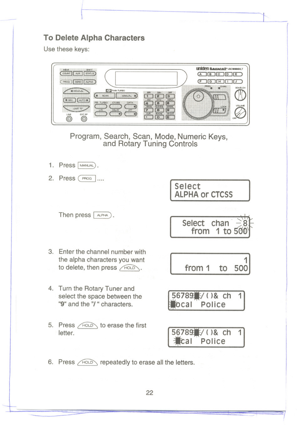 To delete alpha characters, Select chan -^8. from 1 to 506, From 1 to 500 | 56789|^()& ch 1, 5678£i^{)& ch 1 police, Select alpha or ctcss, L^cal police | Uniden UBC9000XLT User Manual | Page 25 / 58