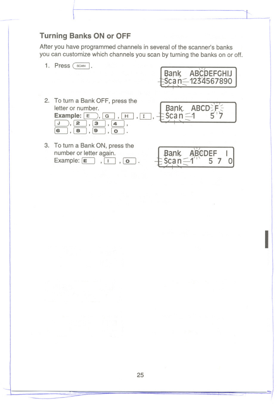 Turning banks on or off, Ank abcdefchij :scan-12^4567890, Scan | Abcdif, Ab6def i | Uniden UBC9000XLT User Manual | Page 28 / 58
