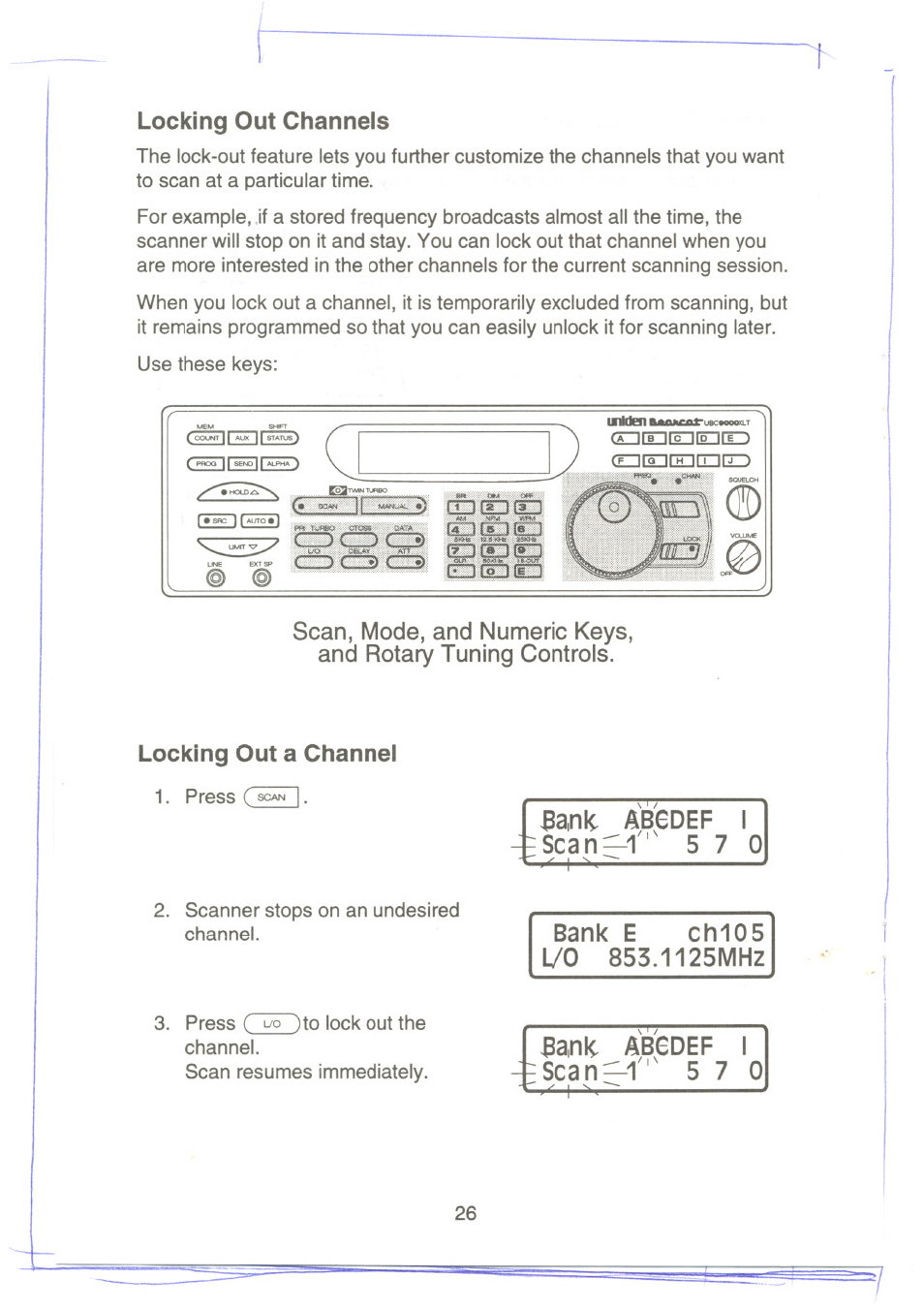 Locking out a channel, Ba,nlc abcdef 1 scan—f 5 7 0, Bank e chios i/o 853.1125mhz | K ab6def i, Escan—5 7 0, Bank e, 1125mhz, Locking out channels | Uniden UBC9000XLT User Manual | Page 29 / 58