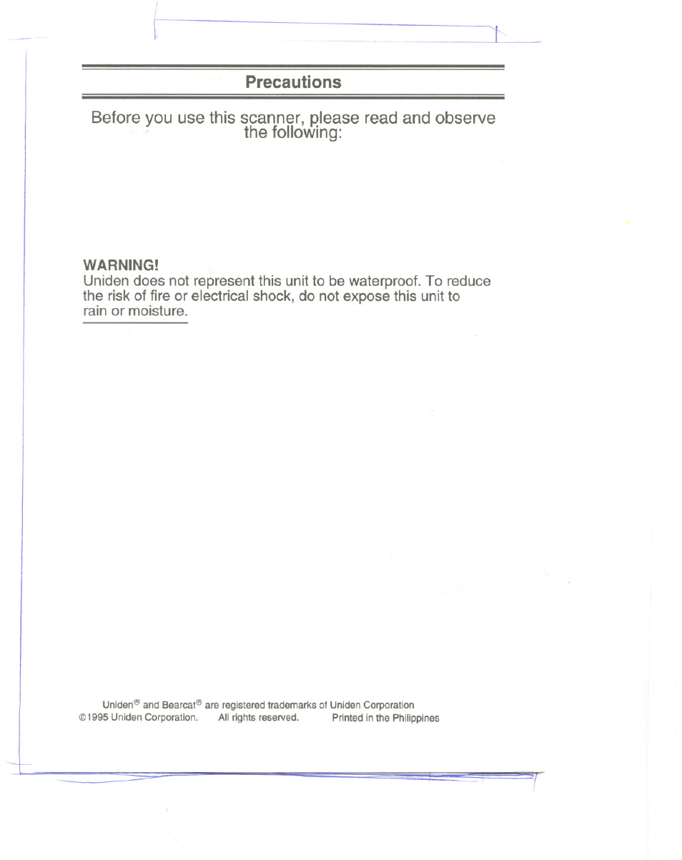 Precautions, The following, Warning | Uniden UBC9000XLT User Manual | Page 3 / 58