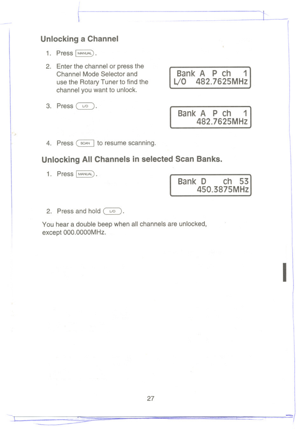 Bank a p ch 1 482.7625mhz, Unlocking all channels in selected scan banks, Bank a p ch 1 | Unlocking a channel | Uniden UBC9000XLT User Manual | Page 30 / 58