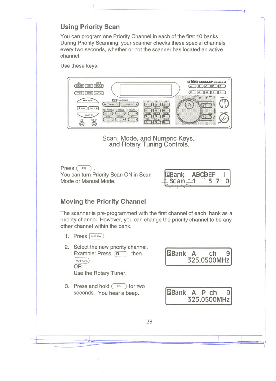 Using priority scan, Moving the priority channel, Ap'c'def i scan—l '57 0 | Sbank a | Uniden UBC9000XLT User Manual | Page 31 / 58