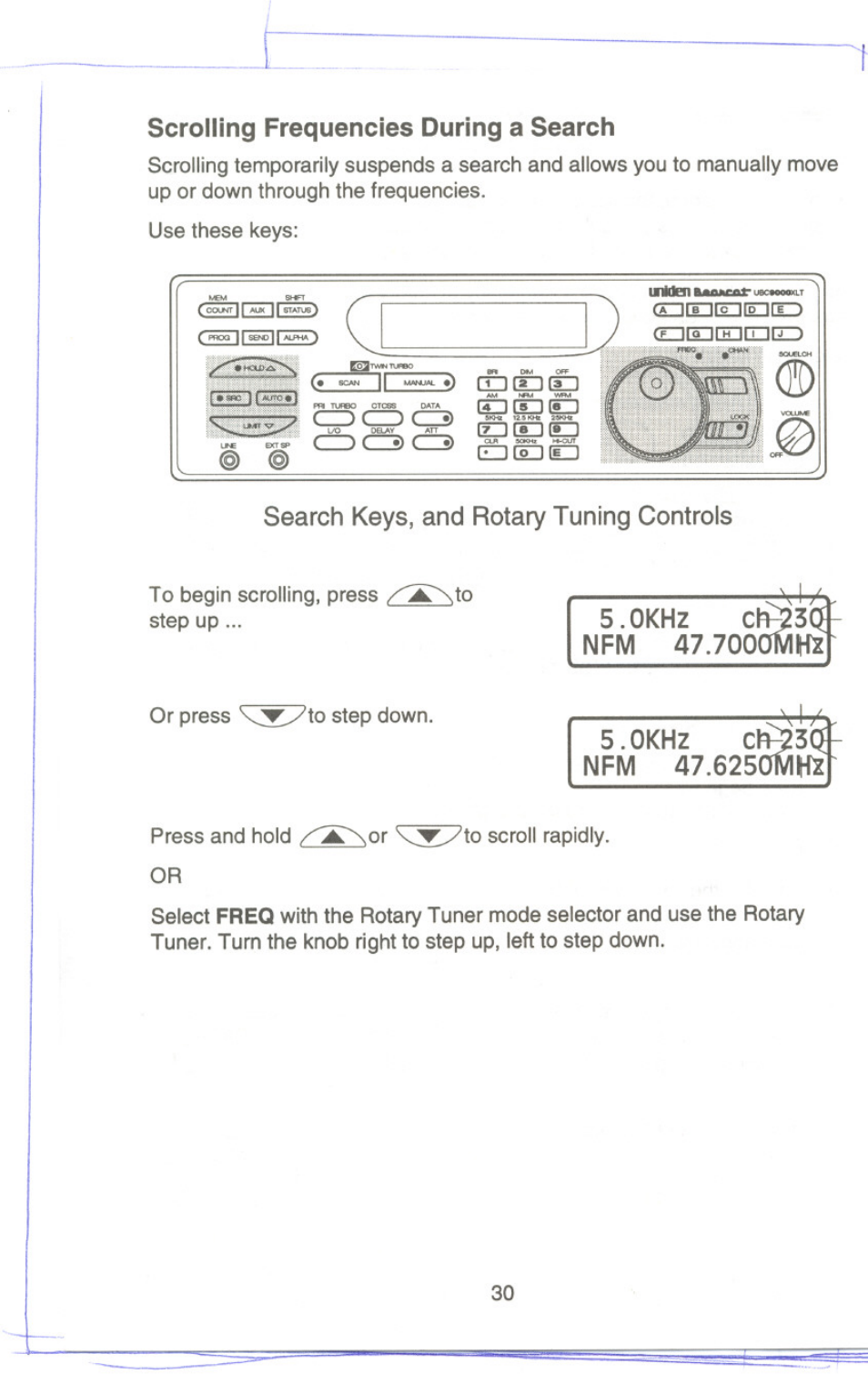 Search keys, and rotary tuning controls, 0khz nfm 47, 625amh | Scrolling frequencies during a search | Uniden UBC9000XLT User Manual | Page 33 / 58