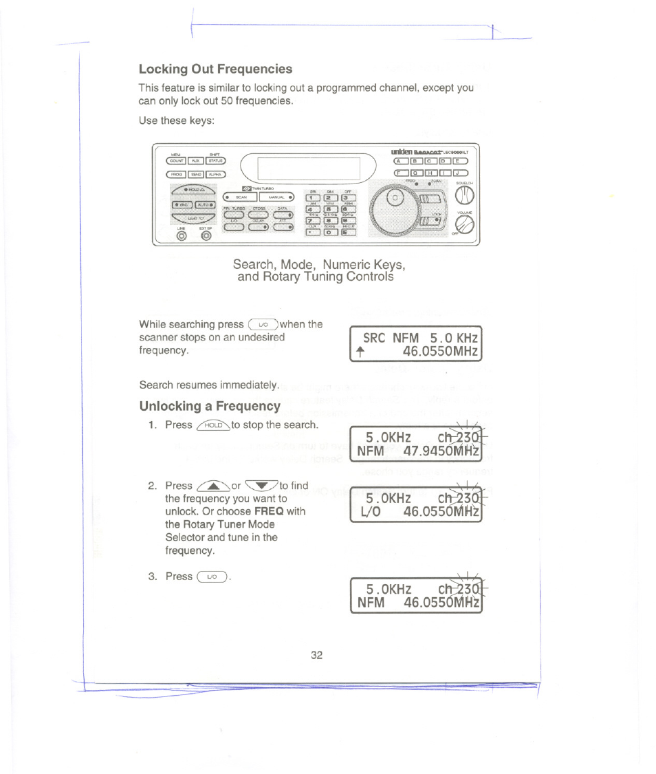 C* ir •) pnifni, Src nfm 5.0 khz t 46.0550mhz, Unlocking a frequency | 0khz closet, Nfm 47.9450mh, I/o 46.0550ivih, 0khz ci^3& nfm 46.0550mh, 0550ivih, Locking out frequencies | Uniden UBC9000XLT User Manual | Page 35 / 58