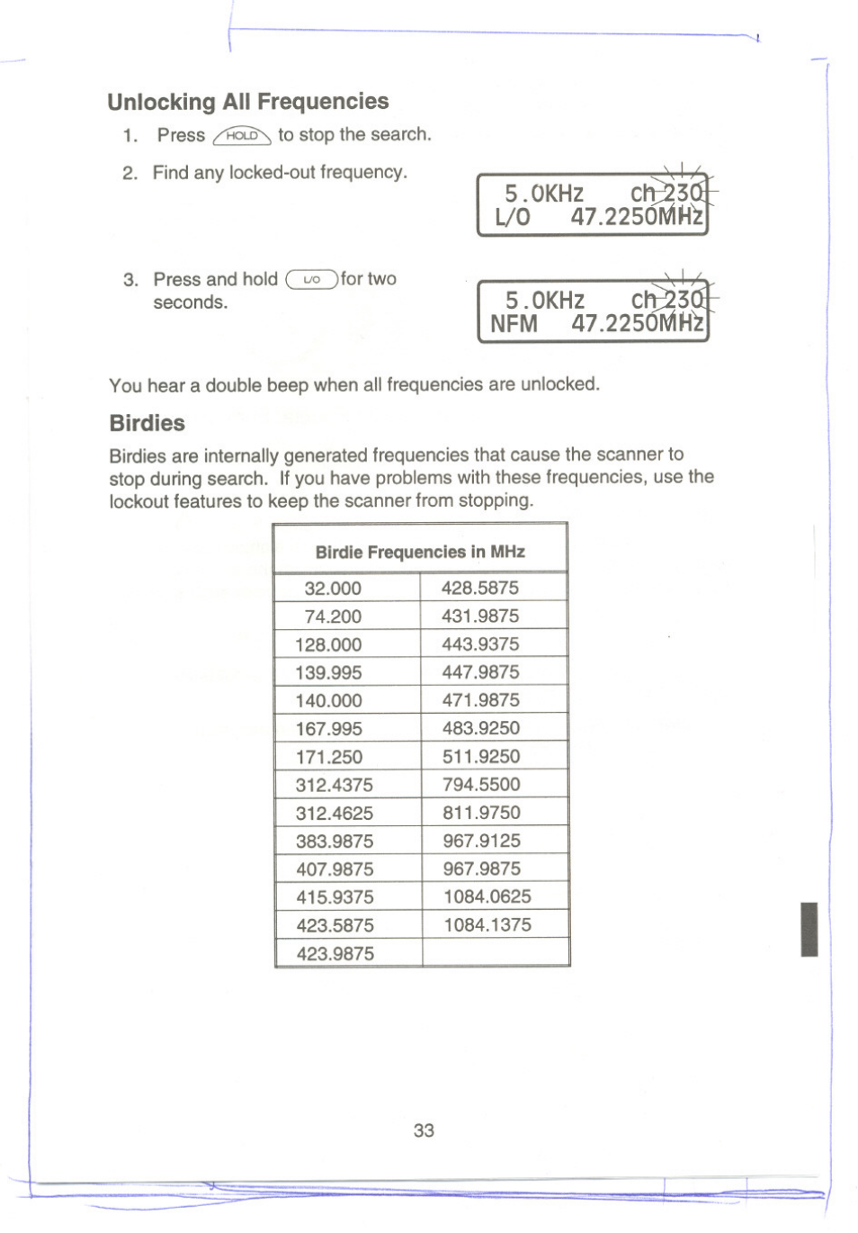 Unlocking all frequencies, Birdies | Uniden UBC9000XLT User Manual | Page 36 / 58