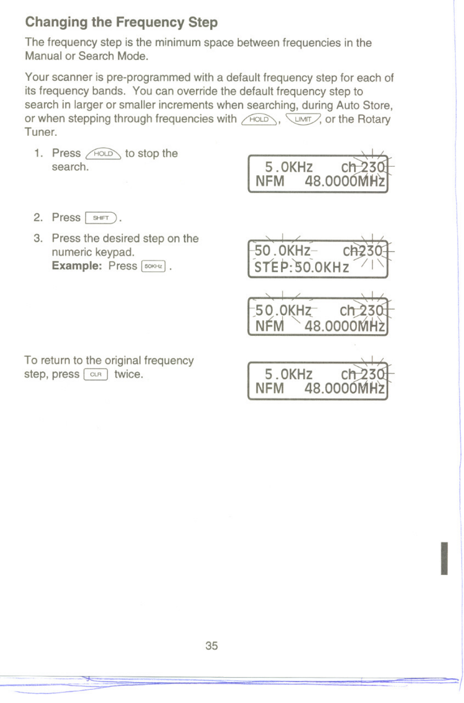 Changing the frequency step, 0khz cl^3ct- nfm 48.000dmh, So.okhr ch^3(i | Nl^ivl 48.0000piih, 0khz- cl$3ce | Uniden UBC9000XLT User Manual | Page 38 / 58
