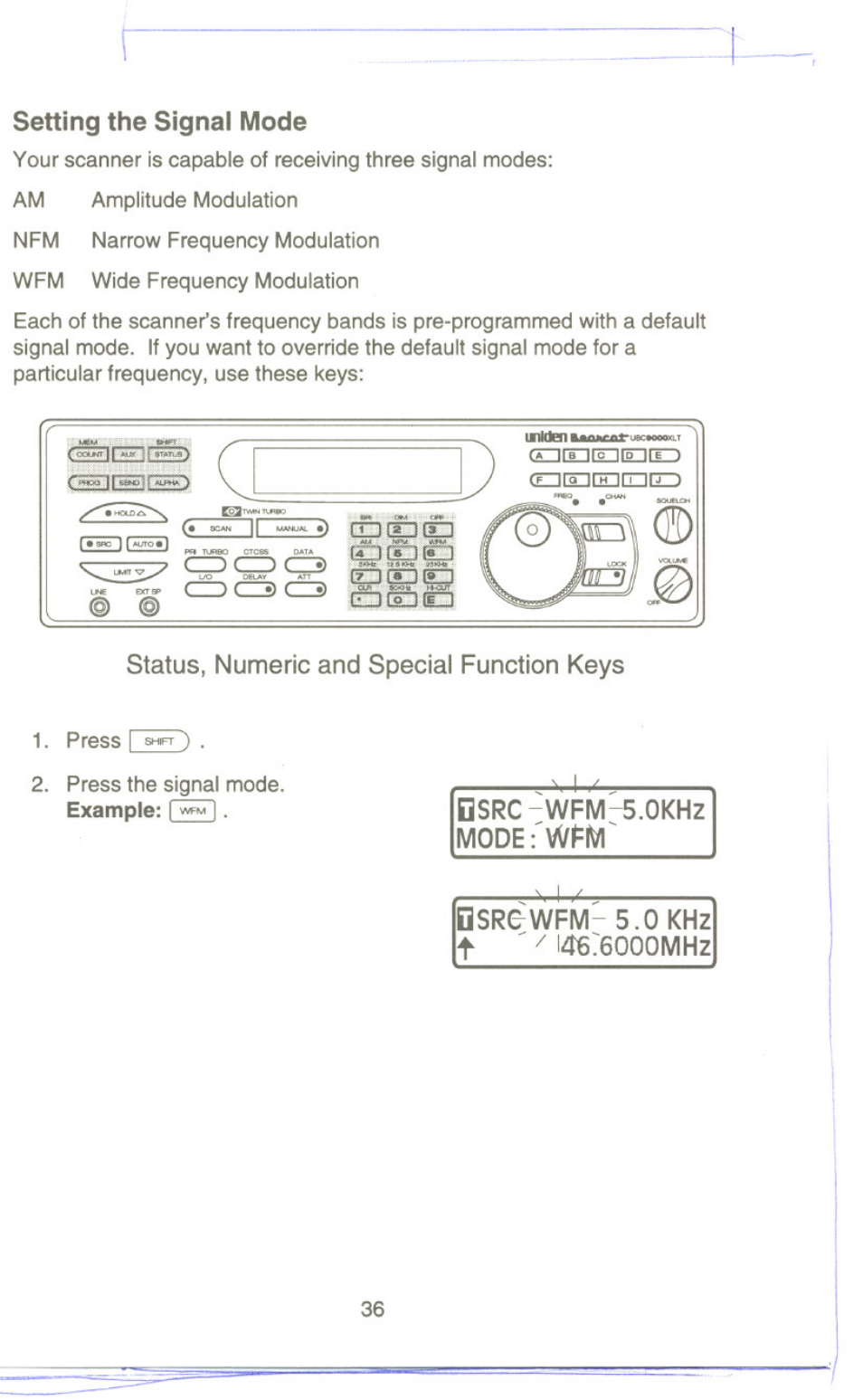 Setting the signal mode, Status, numeric and special function keys | Uniden UBC9000XLT User Manual | Page 39 / 58