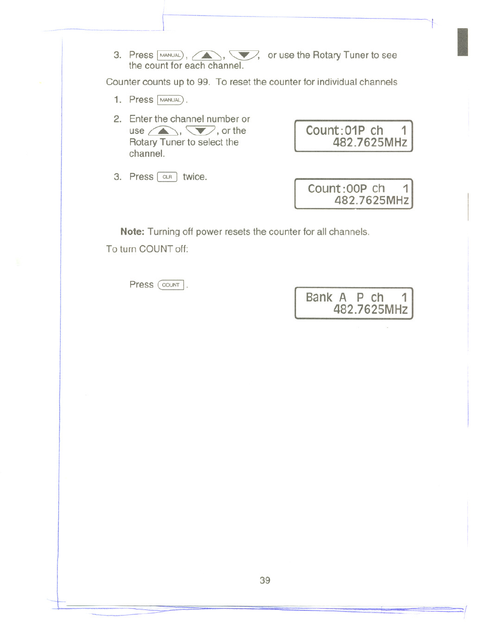 Count:oop ch 1, 7625mhz, Bank a p ch 1 482.7625mhz | Count;01p, Count:oop | Uniden UBC9000XLT User Manual | Page 42 / 58