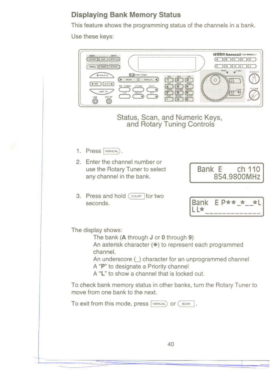 Displaying bank memory status, Bank e p**_*__*l | Uniden UBC9000XLT User Manual | Page 43 / 58