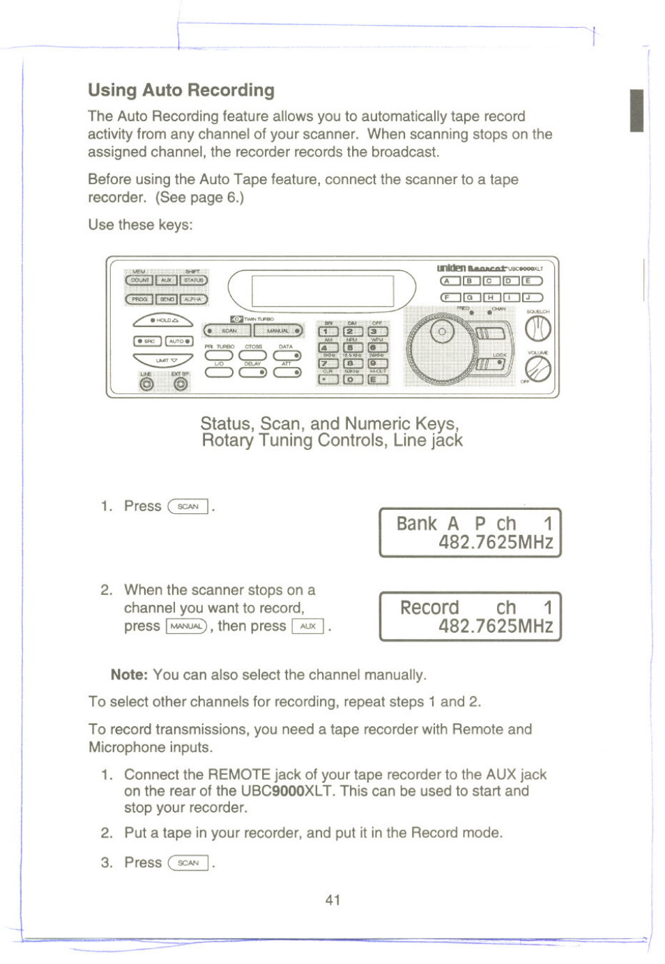 Using auto recording, Bank a p ch 1 482.7625mhz | Uniden UBC9000XLT User Manual | Page 44 / 58