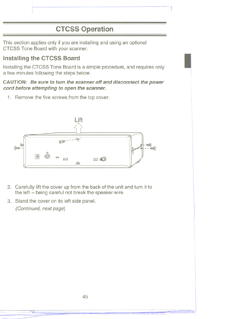 Ctcss operation, Installing the ctcss board, Lift | Uniden UBC9000XLT User Manual | Page 48 / 58