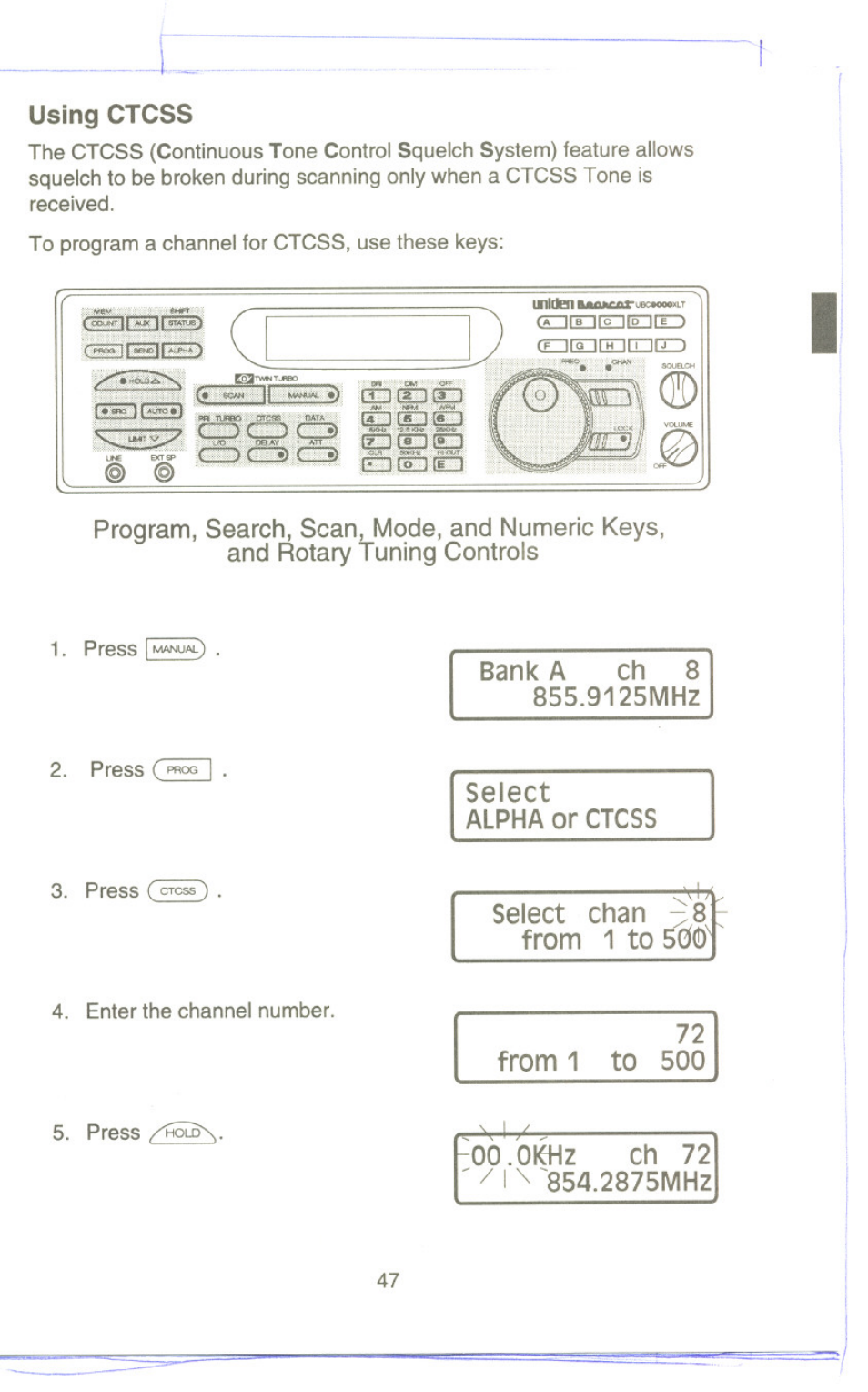 Using ctcss, Bank a ch 8 855.9125mhz, Select chan ^8 | From 1 to 500, Oo.okhz ch 72 ' ^ i 854.2875mhz, Select alpha or ctcss, Oo.okhz | Uniden UBC9000XLT User Manual | Page 50 / 58